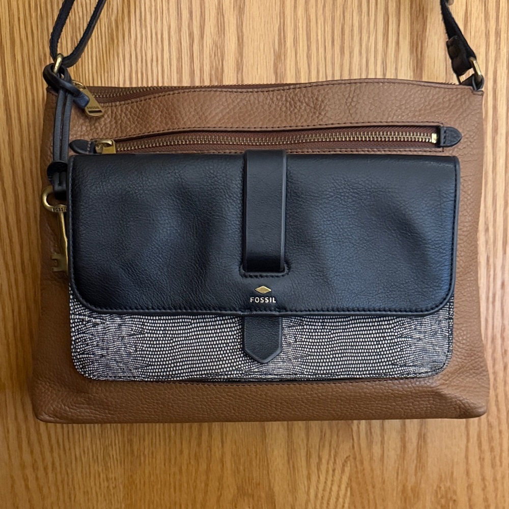 Fossil Black and Brown Leather Crossbody Bag